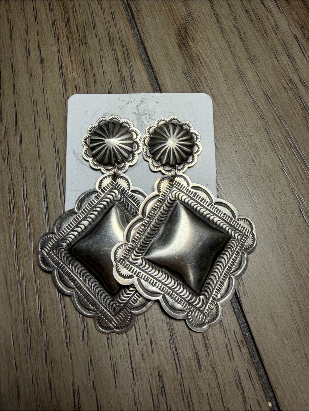Sterling Silver Stamped Navajo Made by Leander Tahe Statement Drop Earrings